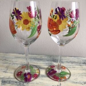 Handprinted Wine Glasses Floral Motif Water Goblet Sunflower
